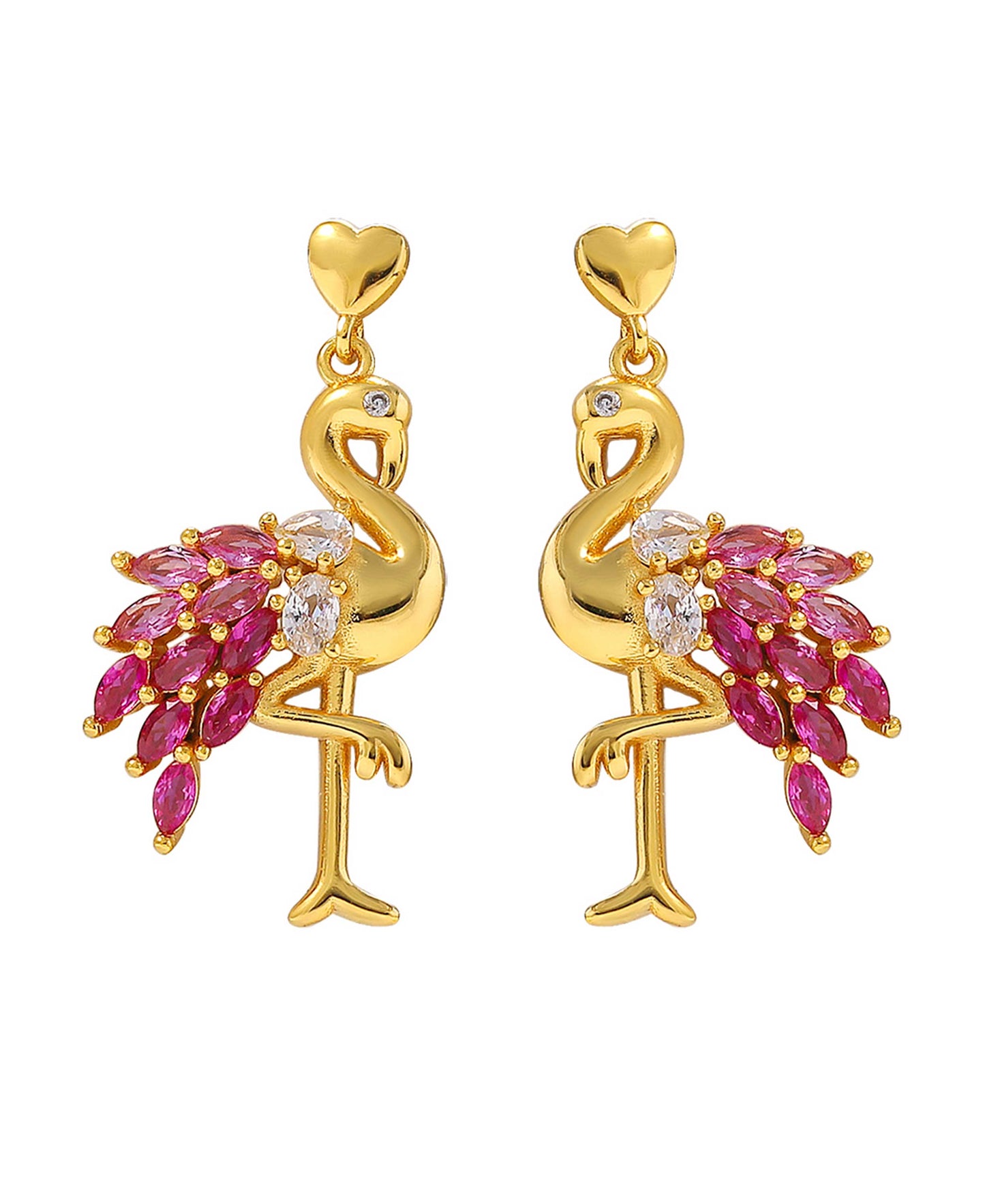 Pink flamingo earrings — gold, silver, pink earrings in 18k gold-plated 925 sterling silver