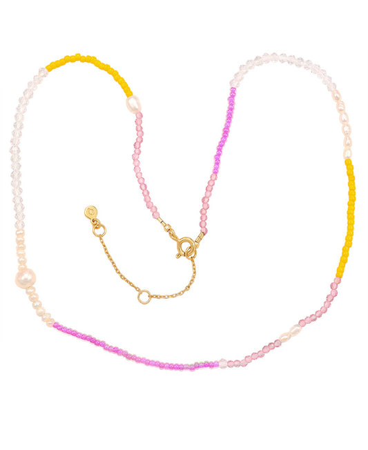 Pink rainbow necklace — gold, silver, pearl necklace in 18k gold-plated 925 sterling silver, freshwater pearls